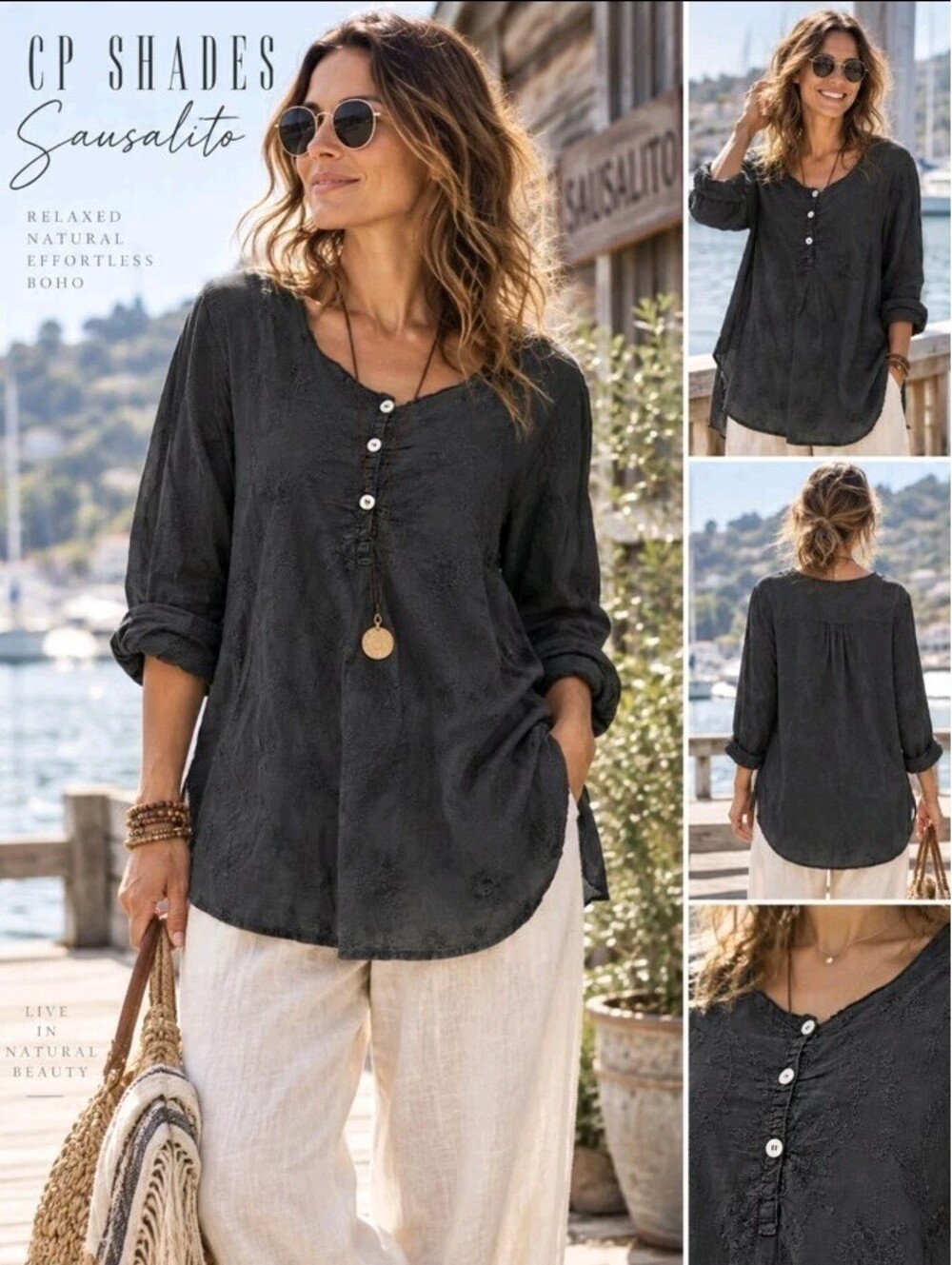 Cp Shades Sausalito Washed Black Cotton Women's (M) Embroidered Tunic Blouse #CC
